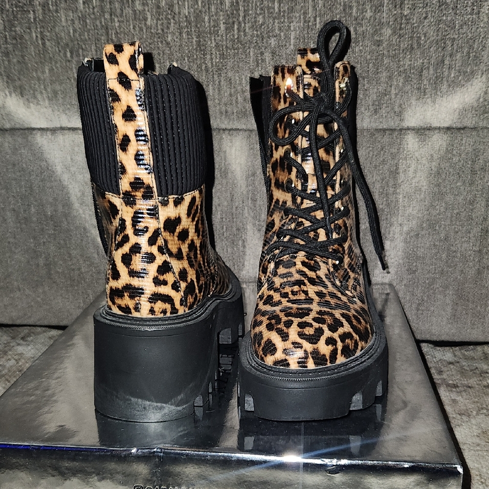 Azalea Wang Leopard Print Lace-Up Platform Boots for Women